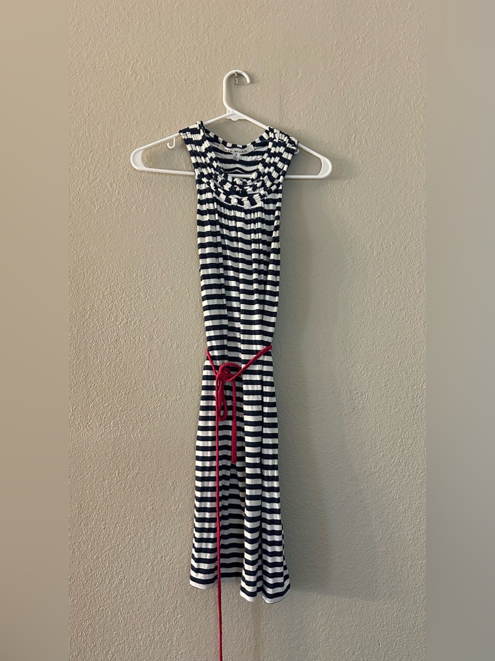 Max Studio Navy and White Striped Sleeveless Maxi Dress with Pink Belt